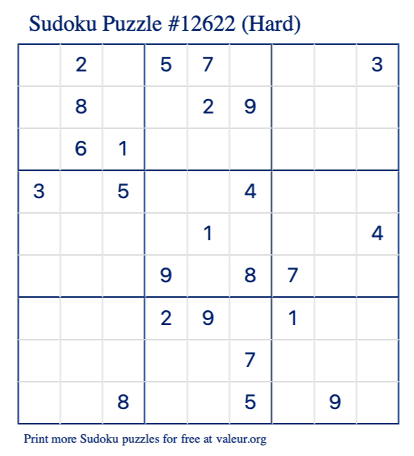 Free Printable Hard Sudoku Puzzle number 12622