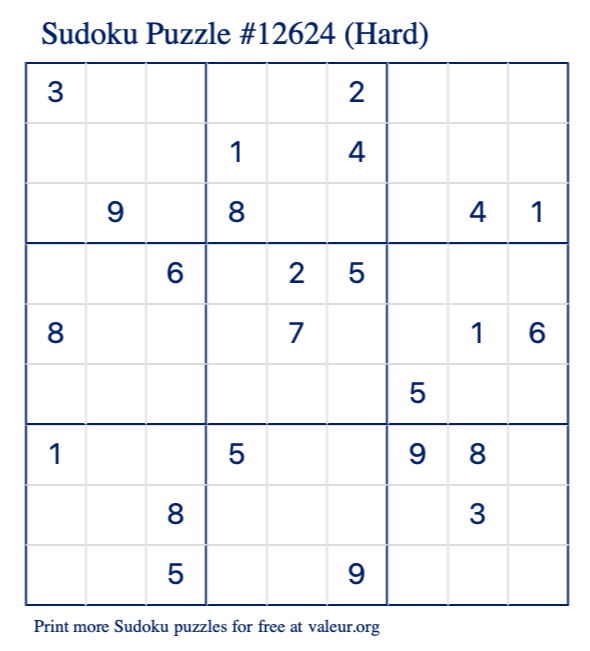 Free Printable Hard Sudoku Puzzle number 12624
