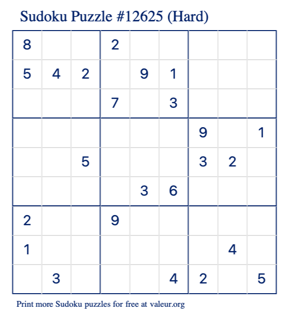 Free Printable Hard Sudoku Puzzle number 12625