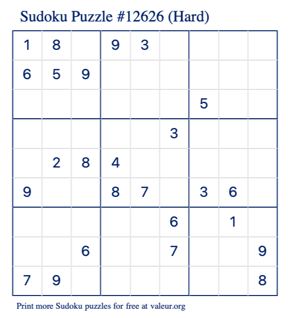 Free Printable Hard Sudoku Puzzle number 12626