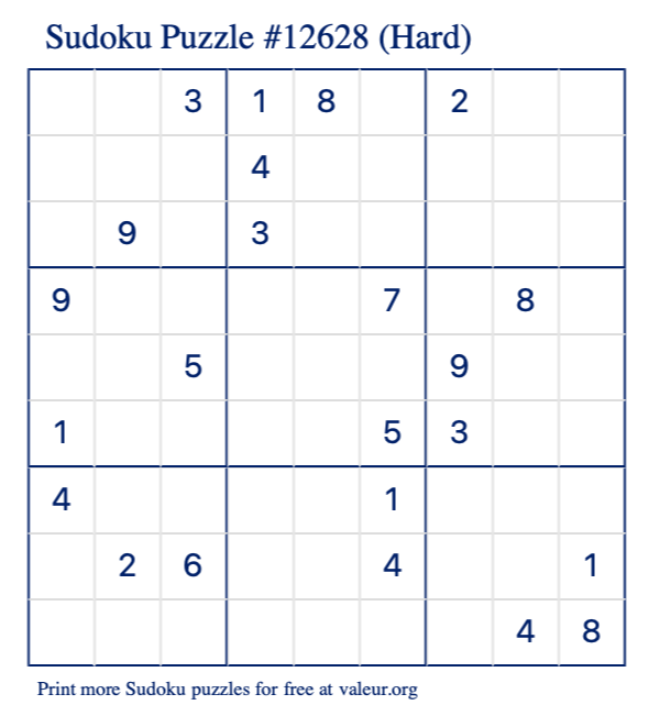 Free Printable Hard Sudoku Puzzle number 12628