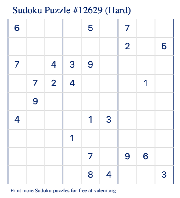 Free Printable Hard Sudoku Puzzle number 12629
