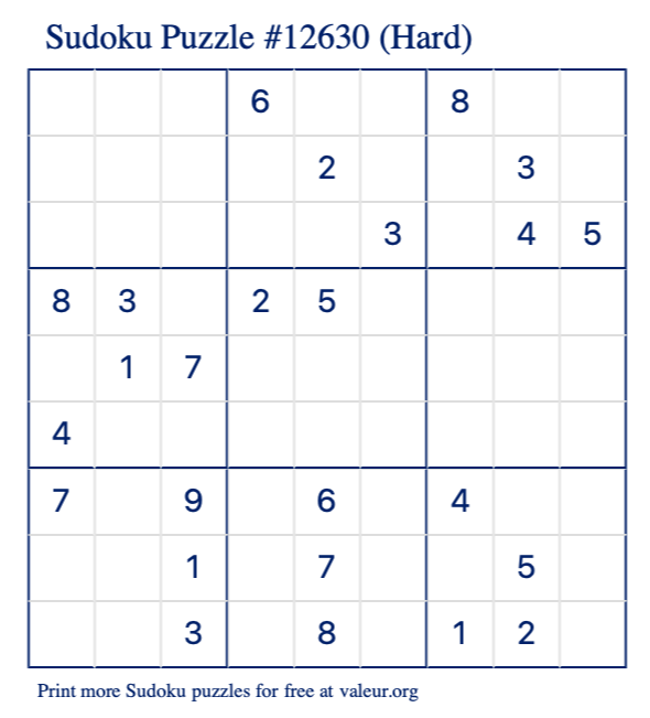 Free Printable Hard Sudoku Puzzle number 12630