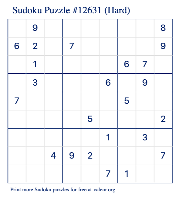 Free Printable Hard Sudoku Puzzle number 12631