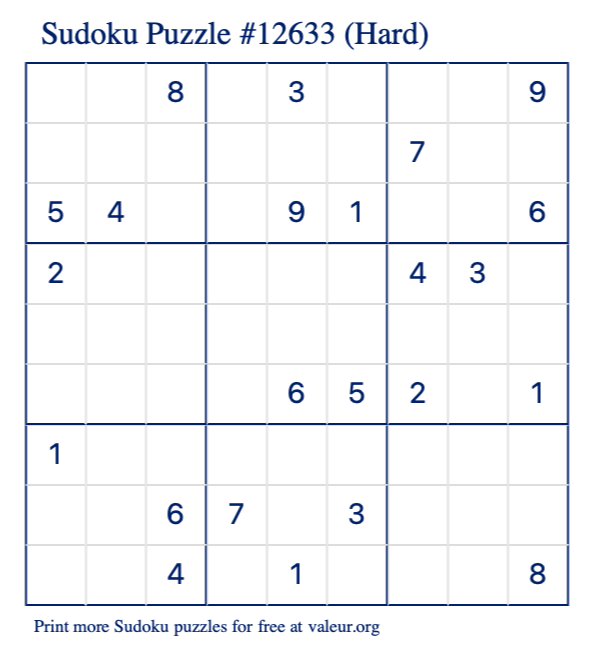 Free Printable Hard Sudoku Puzzle number 12633