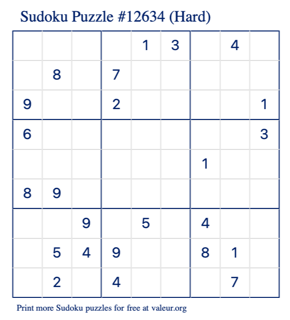 Free Printable Hard Sudoku Puzzle number 12634