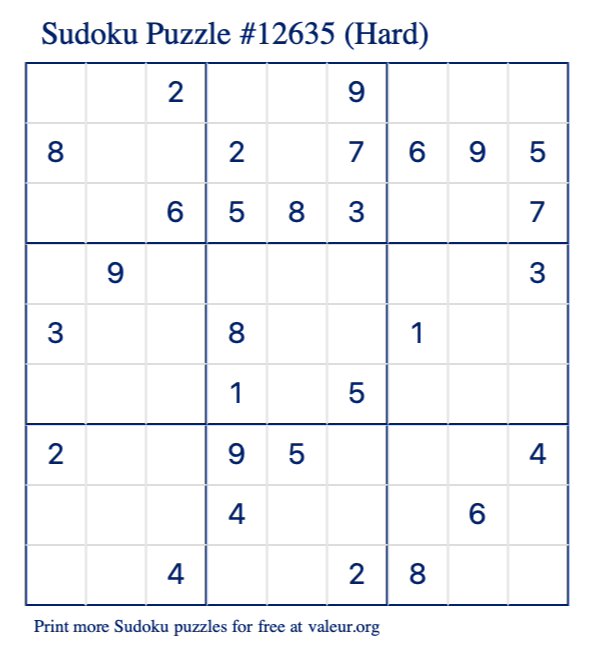 Free Printable Hard Sudoku Puzzle number 12635