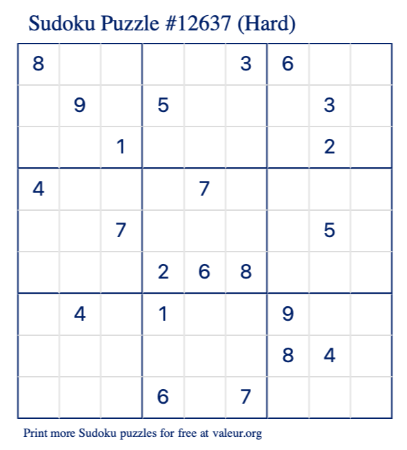 Free Printable Hard Sudoku Puzzle number 12637