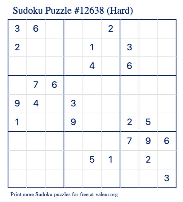 Free Printable Hard Sudoku Puzzle number 12638