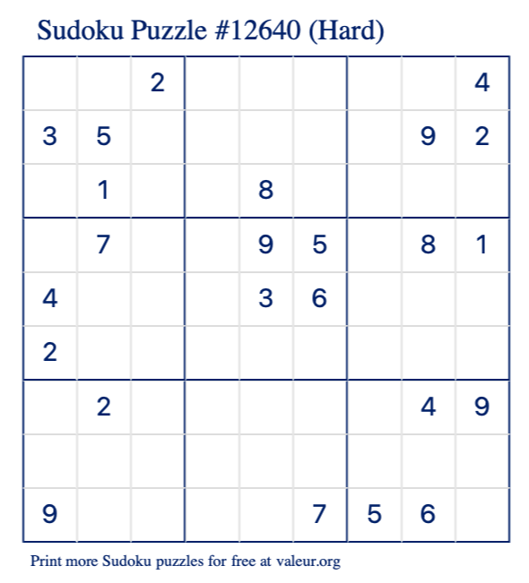 Free Printable Hard Sudoku Puzzle number 12640