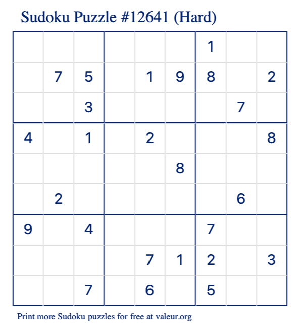 Free Printable Hard Sudoku Puzzle number 12641