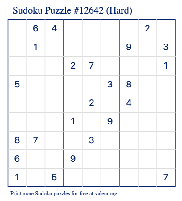Free Printable Hard Sudoku Puzzle number 12642