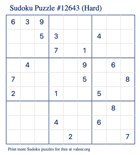 Free Printable Hard Sudoku Puzzle number 12643