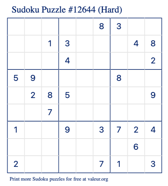 Free Printable Hard Sudoku Puzzle number 12644