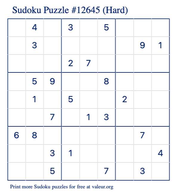 Free Printable Hard Sudoku Puzzle number 12645