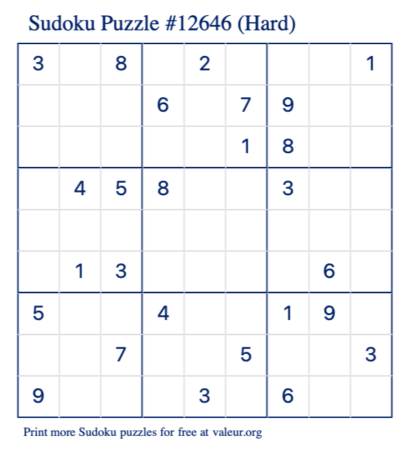 Free Printable Hard Sudoku Puzzle number 12646
