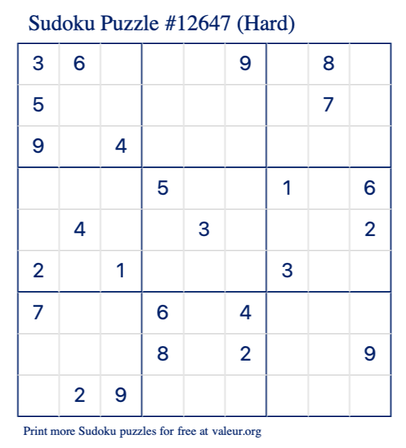 Free Printable Hard Sudoku Puzzle number 12647