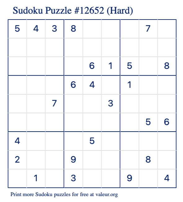 Free Printable Hard Sudoku Puzzle number 12652