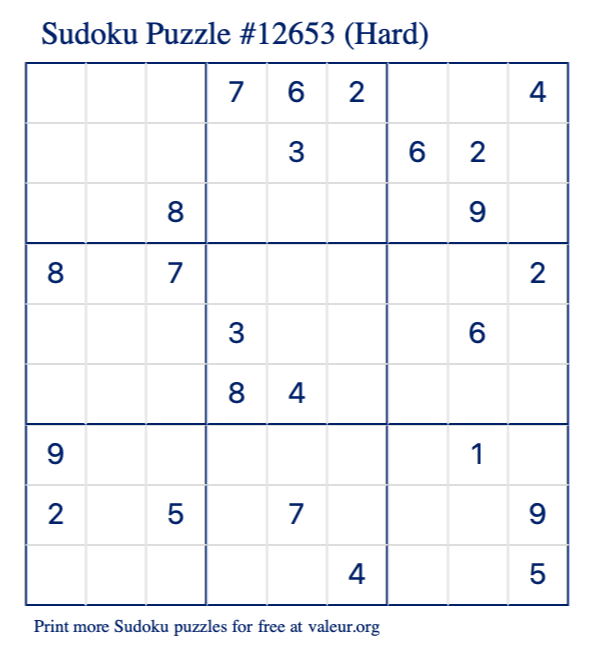 Free Printable Hard Sudoku Puzzle number 12653
