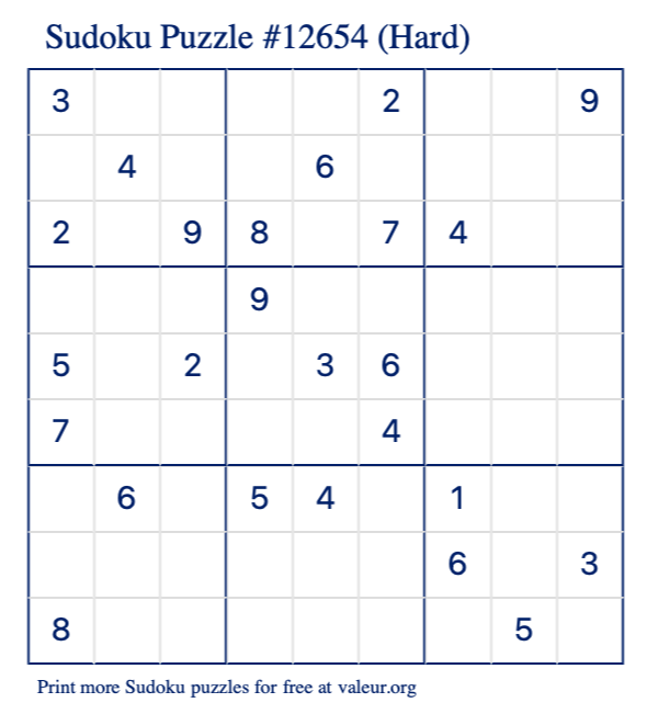 Free Printable Hard Sudoku Puzzle number 12654
