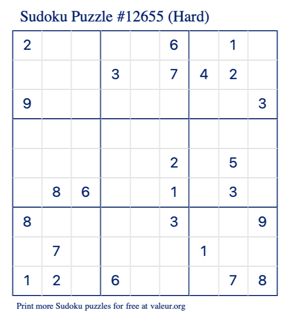 Free Printable Hard Sudoku Puzzle number 12655