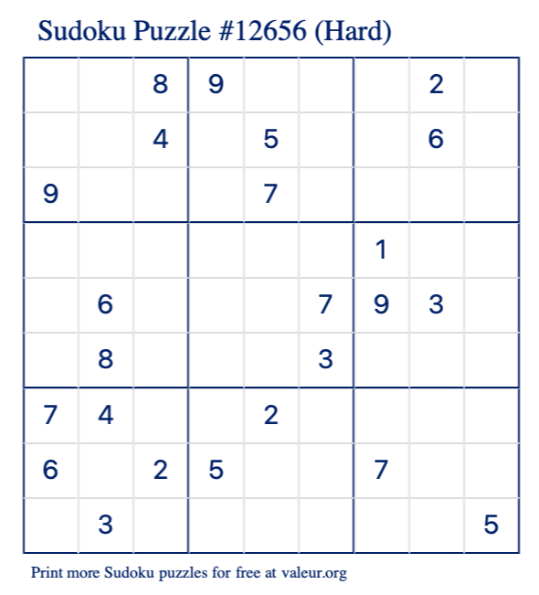 Free Printable Hard Sudoku Puzzle number 12656