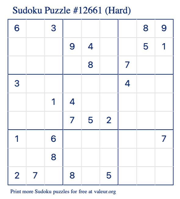 Free Printable Hard Sudoku Puzzle number 12661