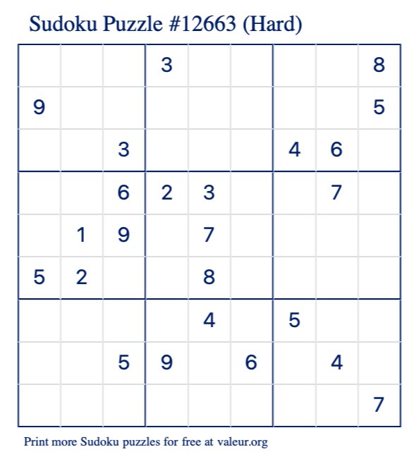 Free Printable Hard Sudoku Puzzle number 12663