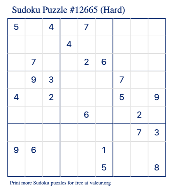 Free Printable Hard Sudoku Puzzle number 12665