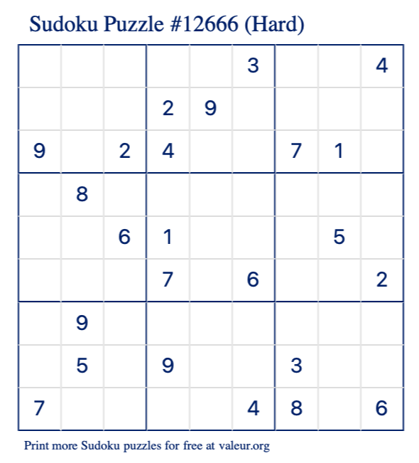 Free Printable Hard Sudoku Puzzle number 12666