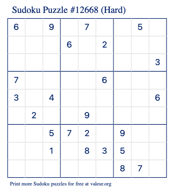 Free Printable Hard Sudoku Puzzle number 12668