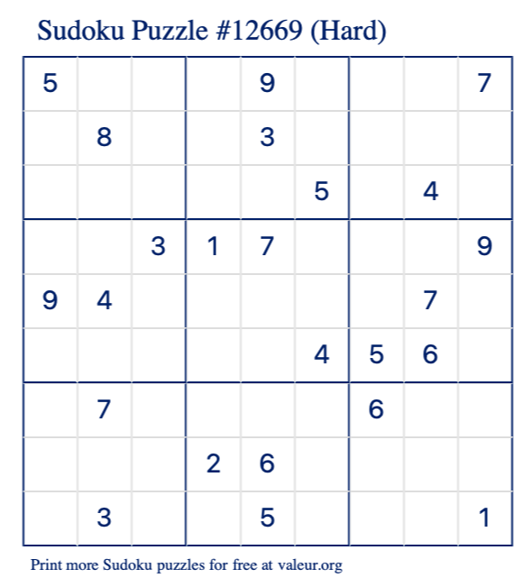 Free Printable Hard Sudoku Puzzle number 12669