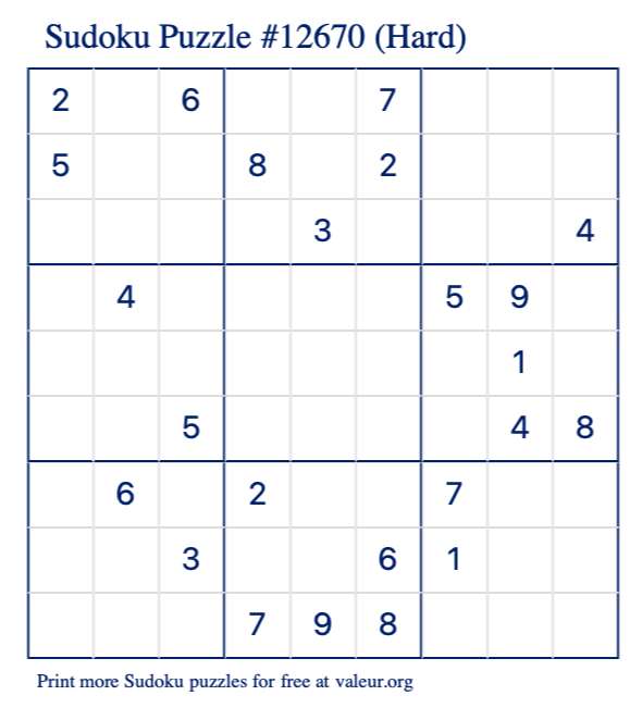 Free Printable Hard Sudoku Puzzle number 12670