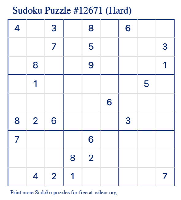 Free Printable Hard Sudoku Puzzle number 12671