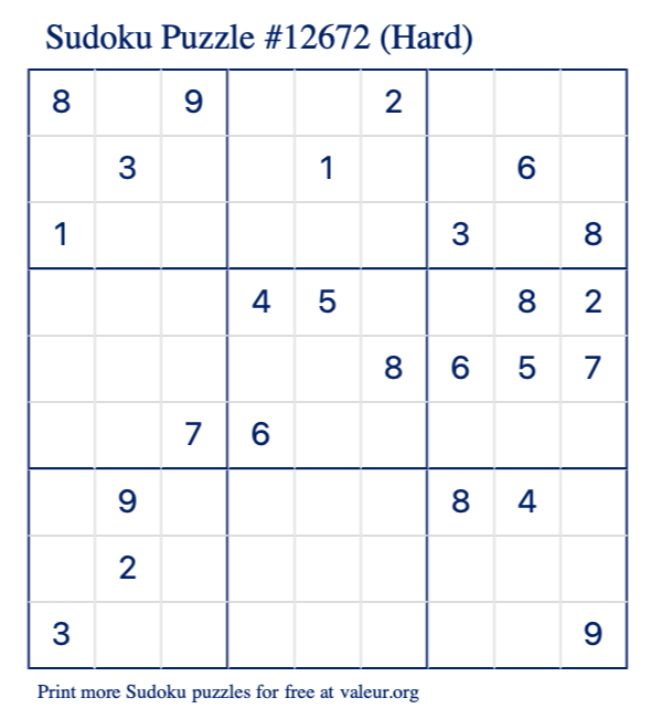 Free Printable Hard Sudoku Puzzle number 12672