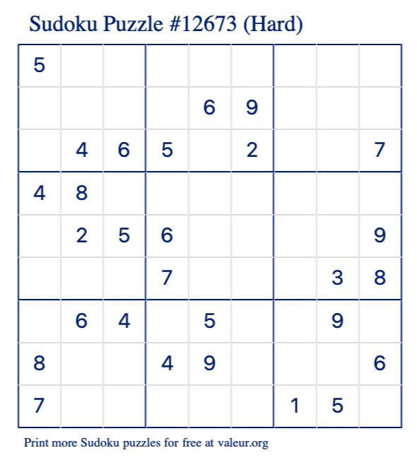Free Printable Hard Sudoku Puzzle number 12673