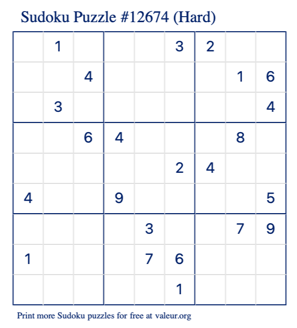 Free Printable Hard Sudoku Puzzle number 12674