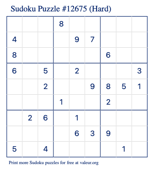 Free Printable Hard Sudoku Puzzle number 12675