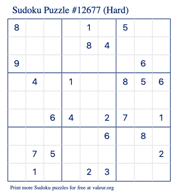 Free Printable Hard Sudoku Puzzle number 12677