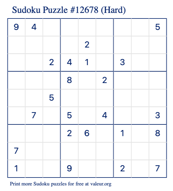 Free Printable Hard Sudoku Puzzle number 12678