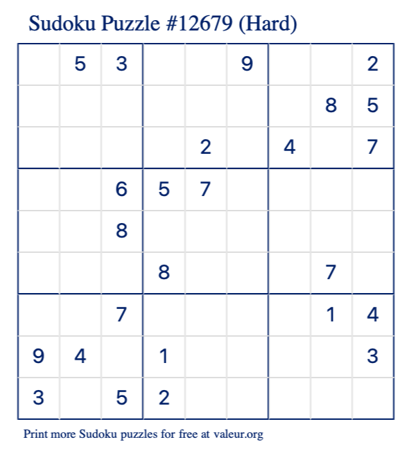 Free Printable Hard Sudoku Puzzle number 12679