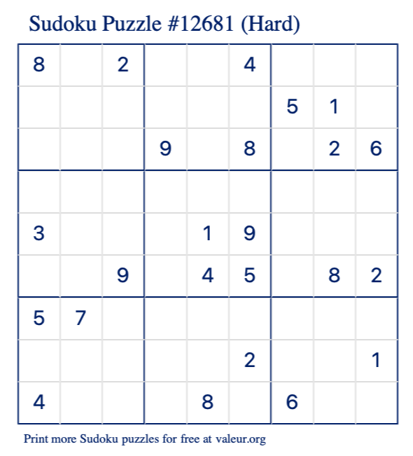 Free Printable Hard Sudoku Puzzle number 12681