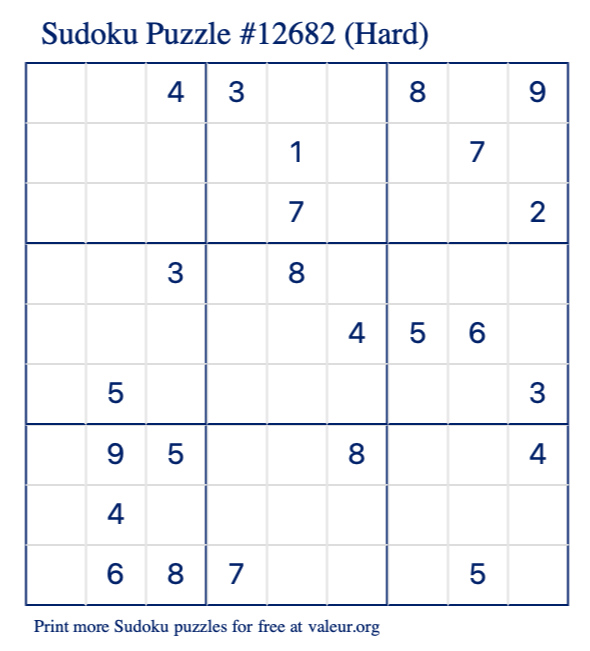 Free Printable Hard Sudoku Puzzle number 12682