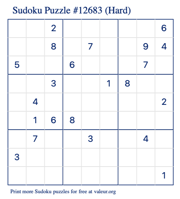 Free Printable Hard Sudoku Puzzle number 12683