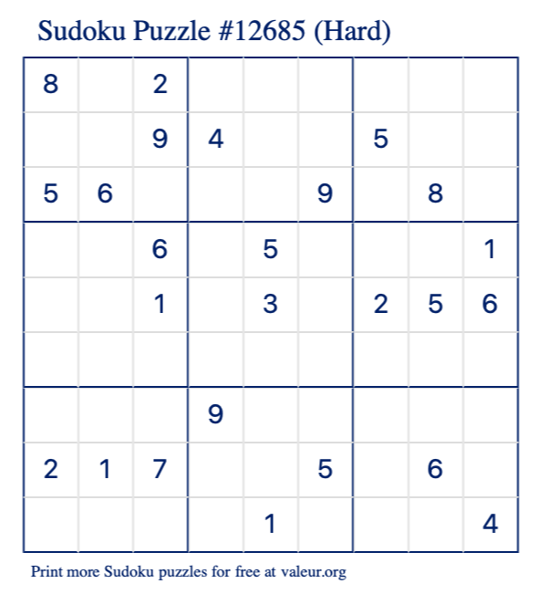 Free Printable Hard Sudoku Puzzle number 12685
