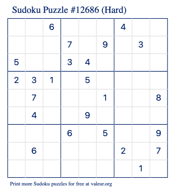 Free Printable Hard Sudoku Puzzle number 12686