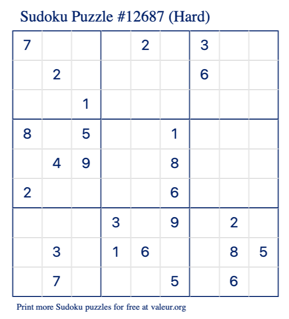 Free Printable Hard Sudoku Puzzle number 12687
