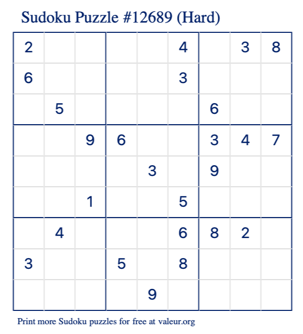 Free Printable Hard Sudoku Puzzle number 12689