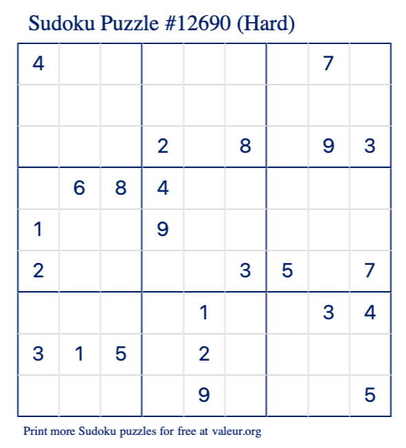 Free Printable Hard Sudoku Puzzle number 12690
