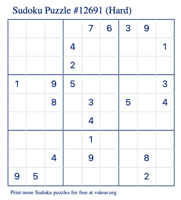 Free Printable Hard Sudoku Puzzle number 12691